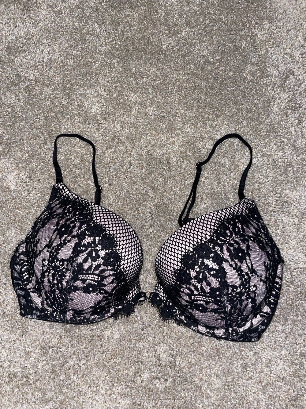 Victoria's Secret Bombshell Black Lace Overlay Bra with light pink Base